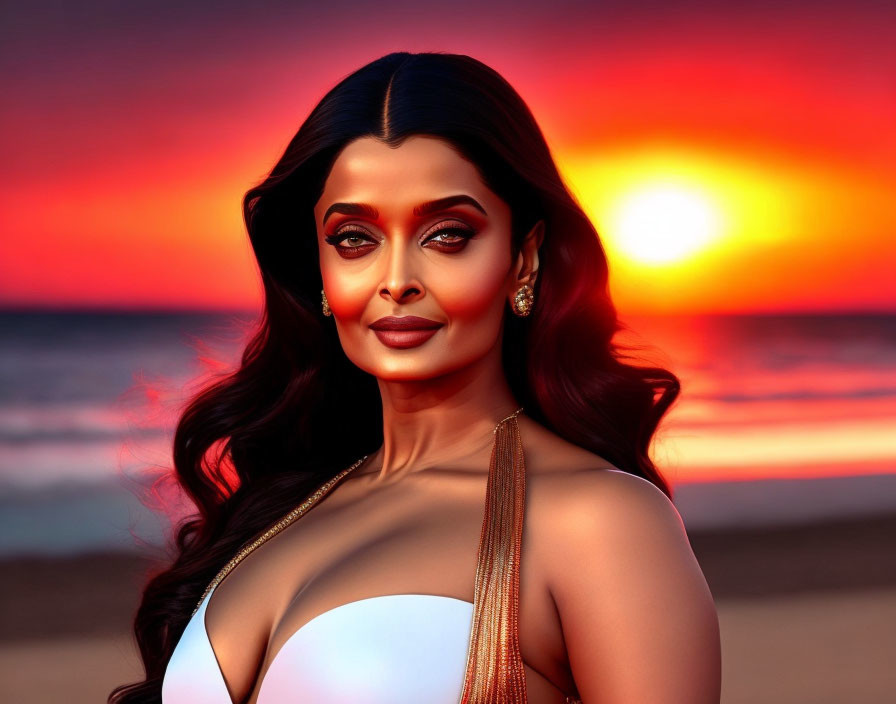 Long-haired woman posing elegantly against vibrant sunset sky in warm hues.