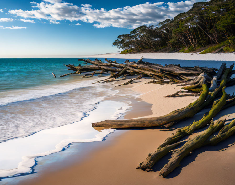 Tranquil Beach Scene with White Sand, Driftwood, Waves, and Lush Tree Line