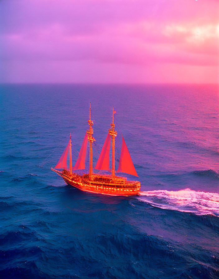 Sailing ship with red sails on deep blue ocean under pink and purple sunset