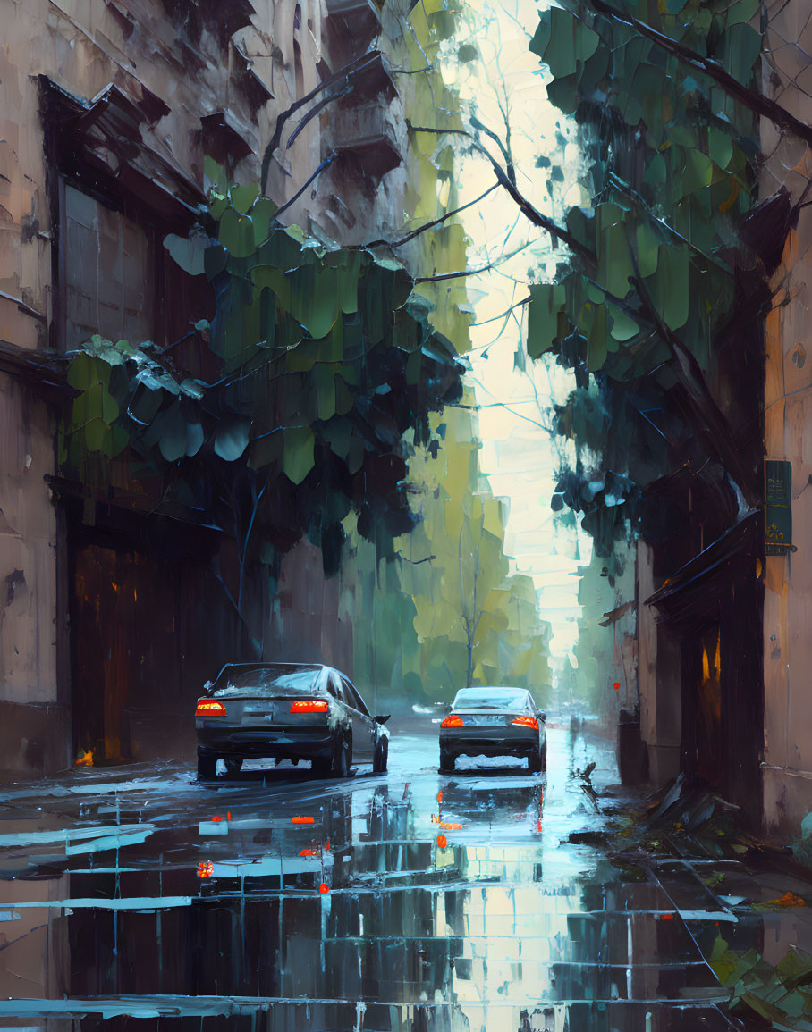 Urban scene: Rainy street, parked cars, green trees, abandoned buildings