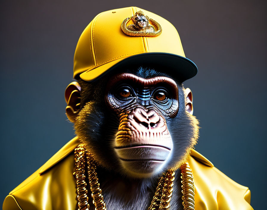 Chimpanzee in yellow cap and jacket on gray background