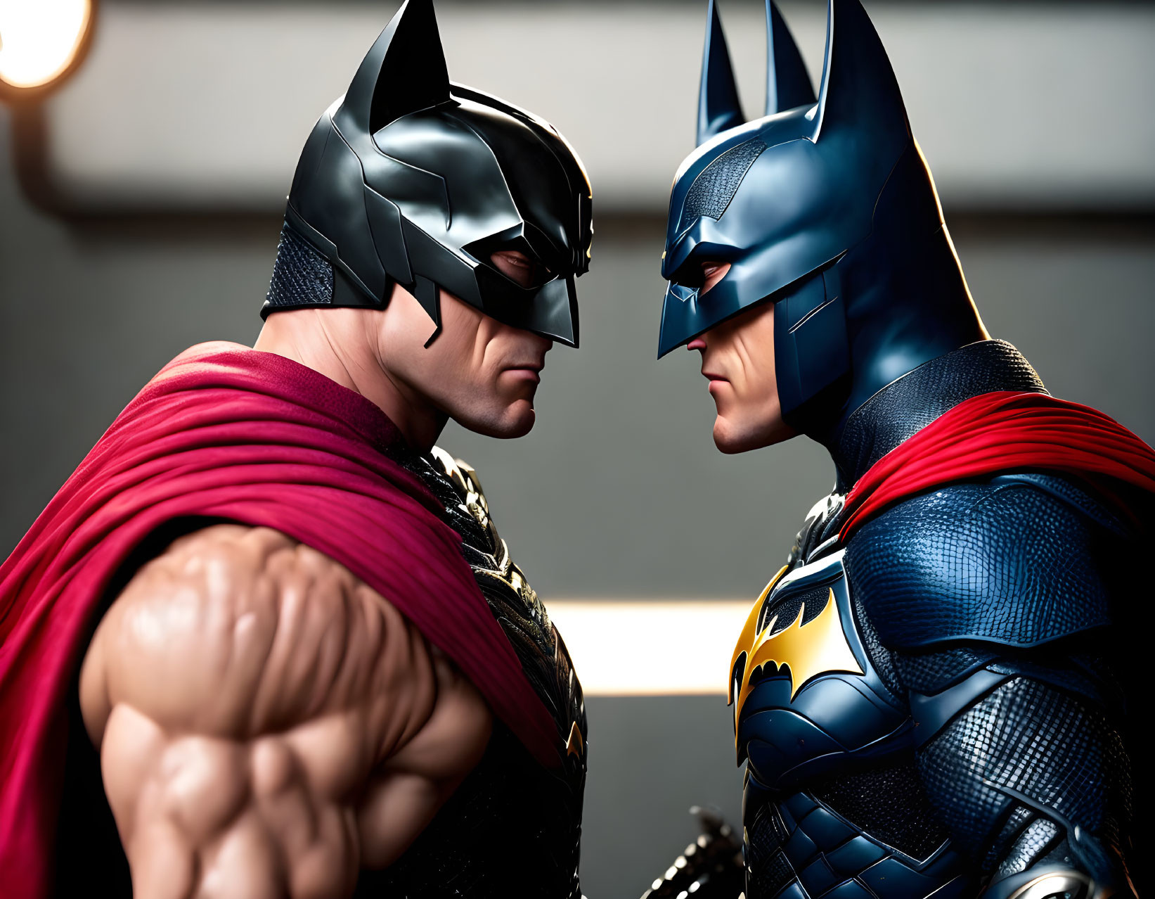 Detailed Batman and Superman figurines in intense face-off.