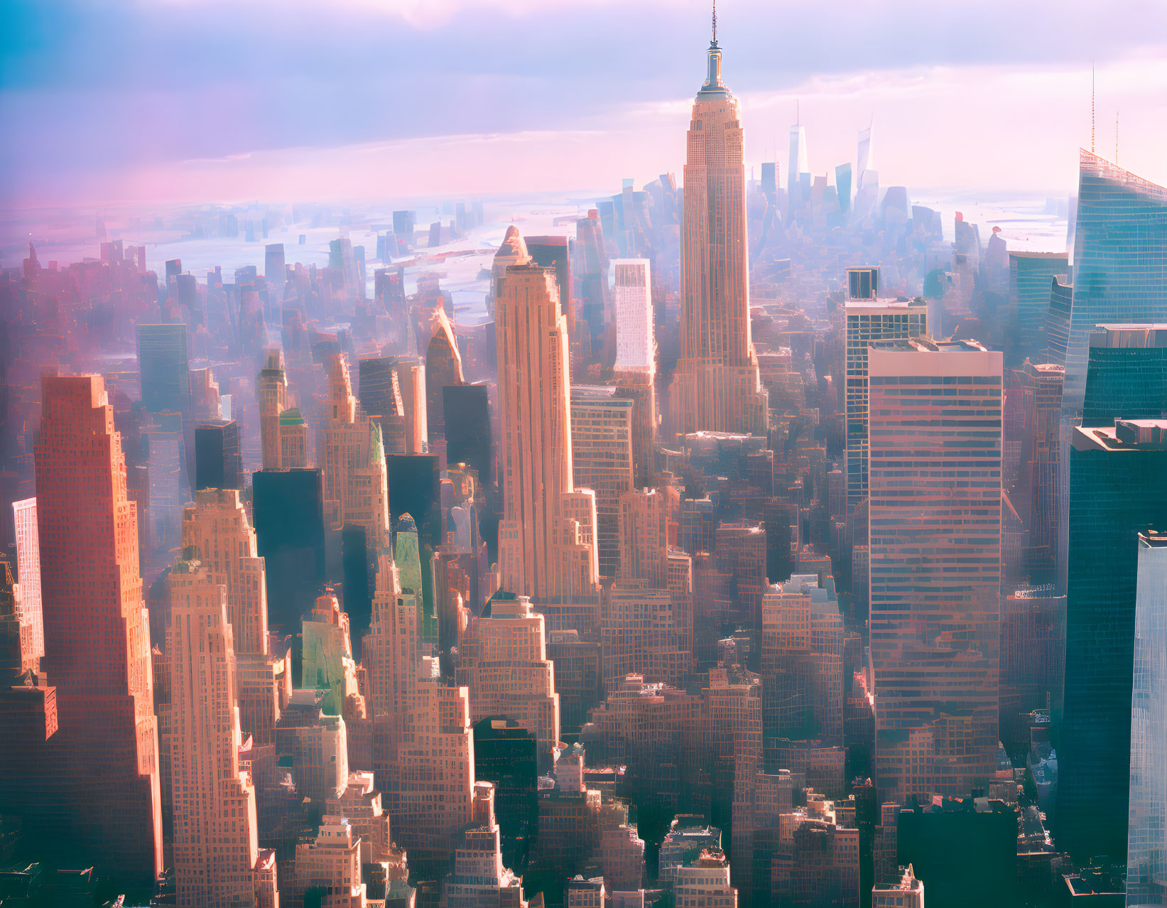 Cityscape with skyscrapers under warm sunlight and prominent building in center against hazy sky
