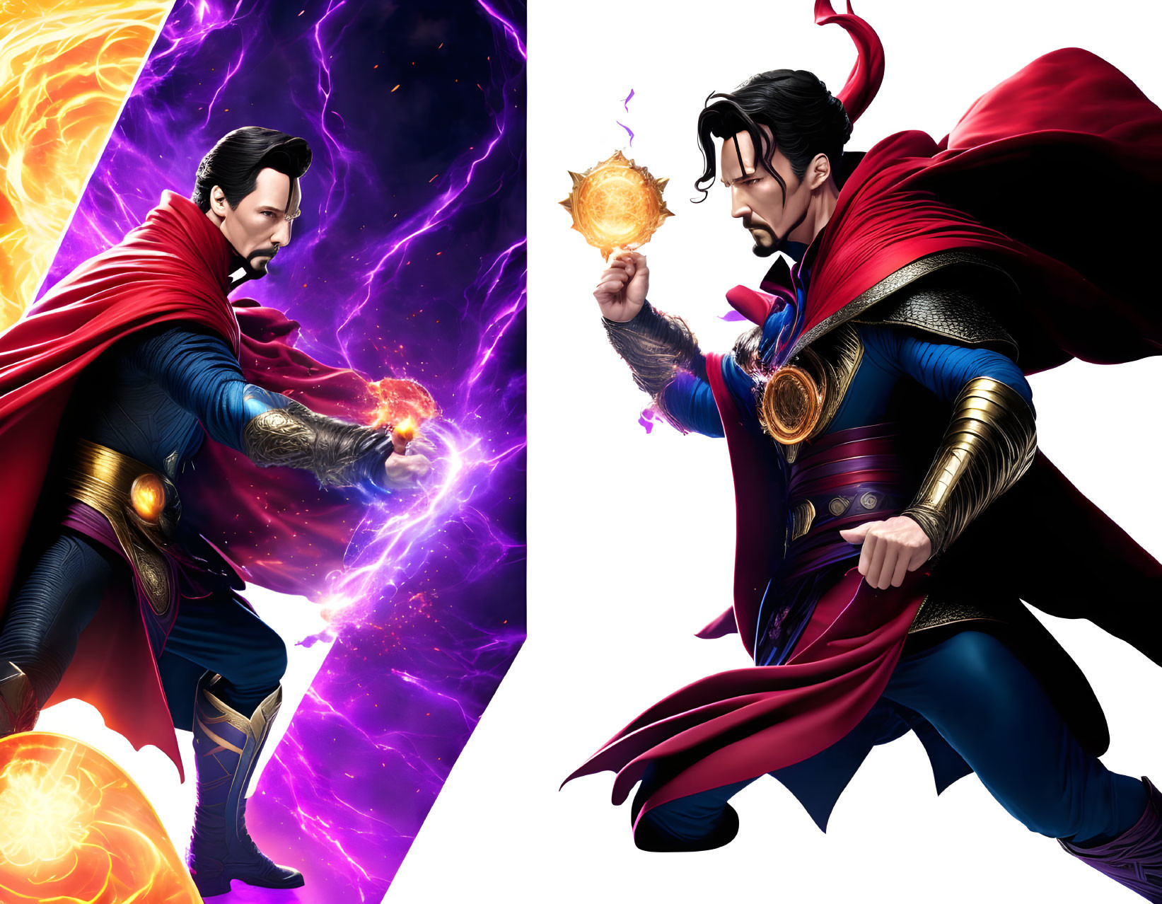 Doctor Strange illustration: dynamic poses, magical energy, cosmic backdrop