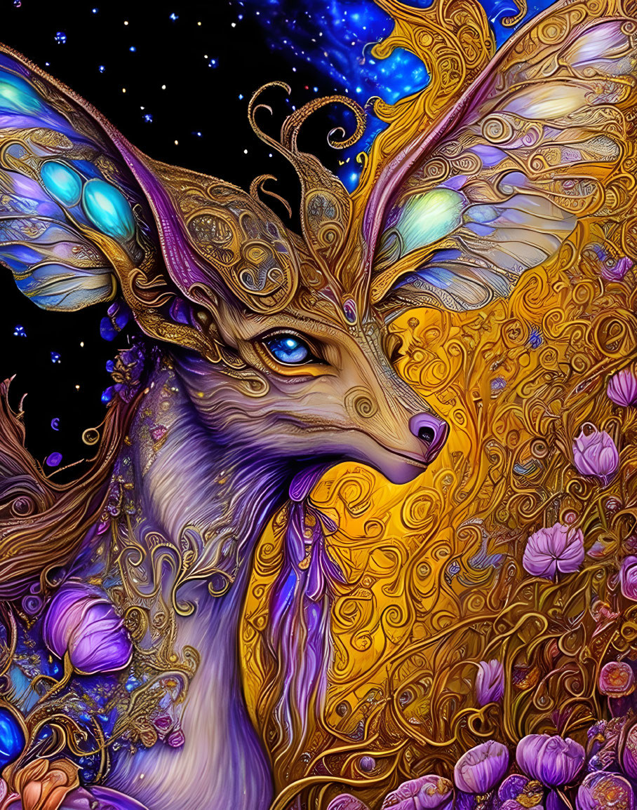 Colorful Fantasy Illustration: Mystical Creature with Dragonfly Wings and Deer Head