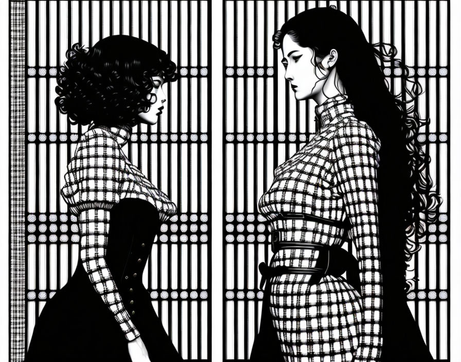 Illustrated Women in Black and White Checkered Attire