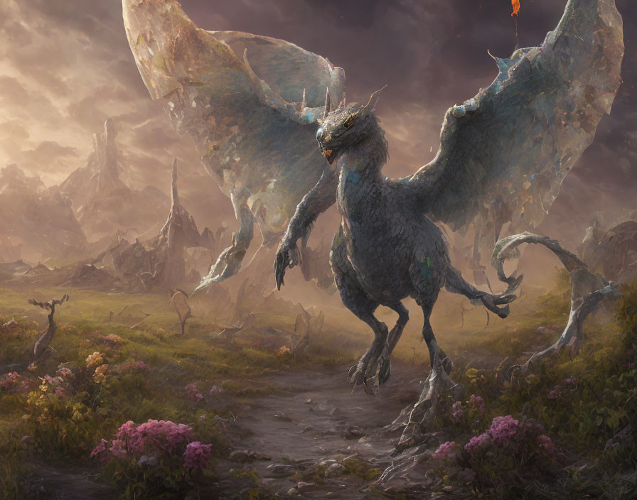 Majestic dragon with expansive wings in mystical landscape