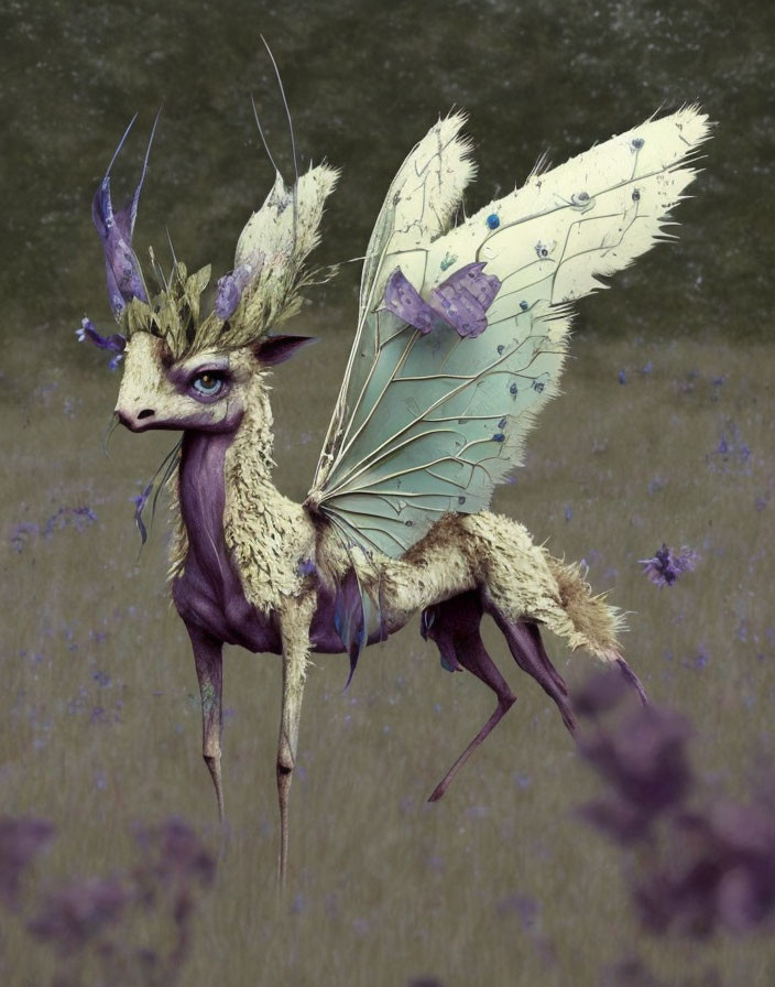 Mythical creature with deer body, butterfly wings, and adorned antlers in floral field