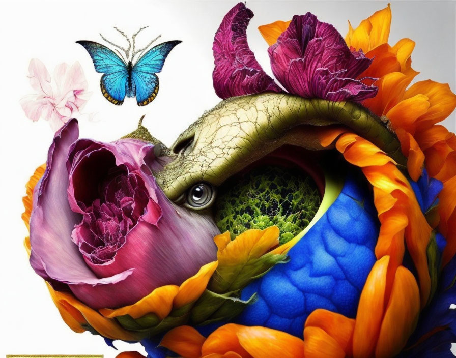 Colorful surreal floral arrangement with reptilian eye and butterflies on white background