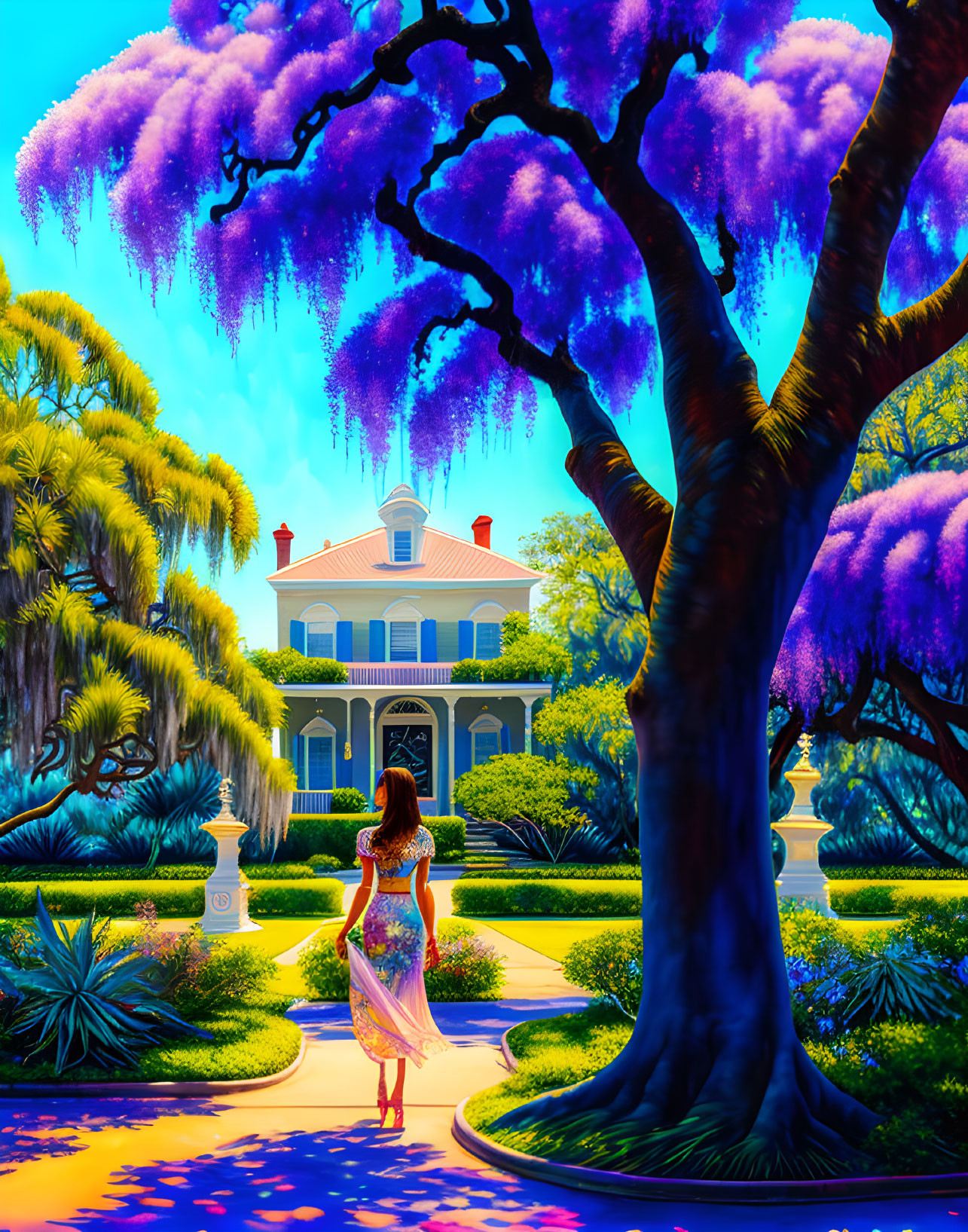 Woman in sundress walking to grand house with purple trees and gardens