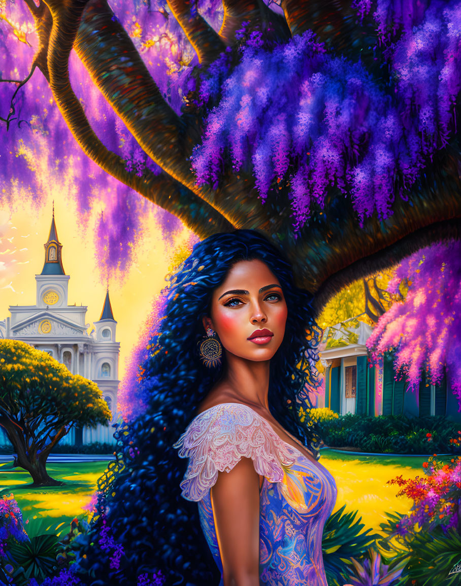 Dark-haired woman in front of vibrant scene with purple blooms and elegant building