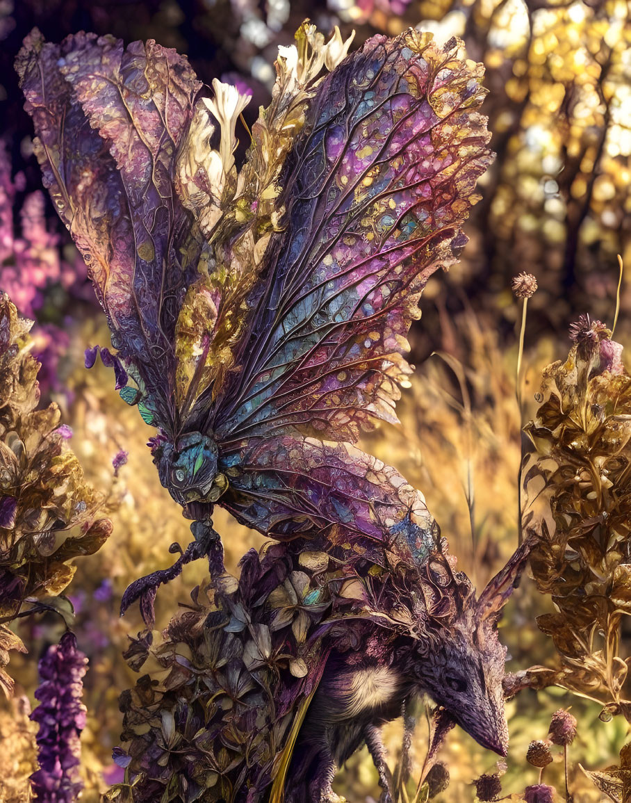 Fox-like Creature with Butterfly Wings in Floral Fantasy Scene