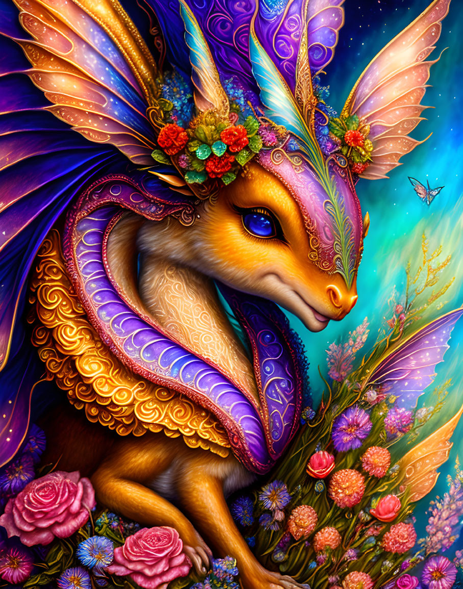 Colorful illustration: mythical fox creature with butterfly wings in flower field at twilight