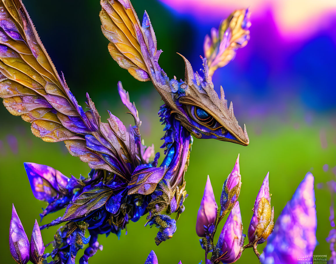 Detailed Dragon Sculpture with Golden Wings and Blue Accents Among Purple Flowers