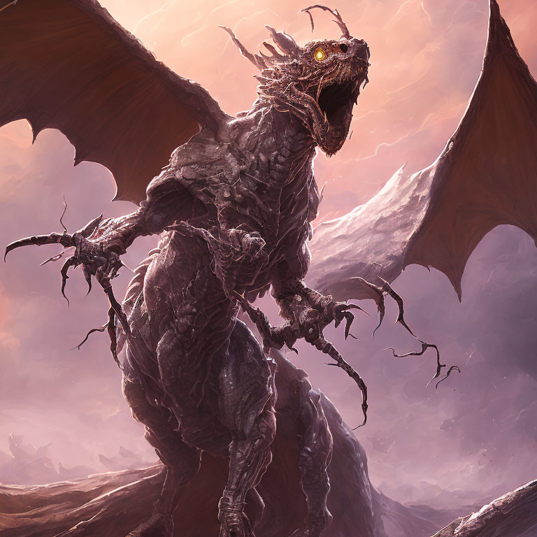 Menacing dragon with expansive wings in misty sky