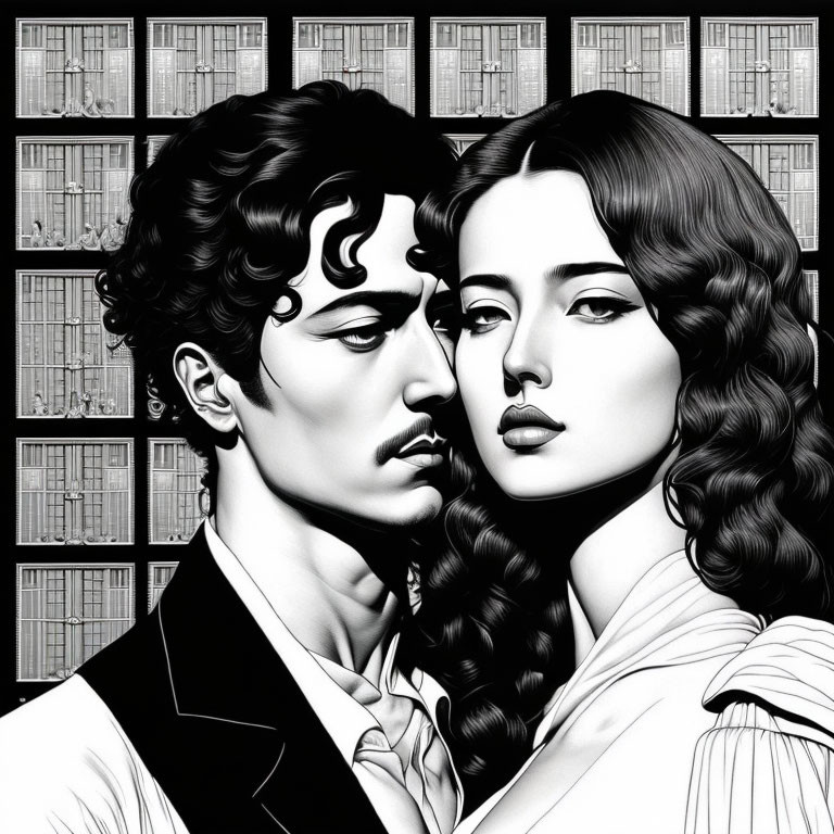 Monochrome illustration of man and woman in library setting