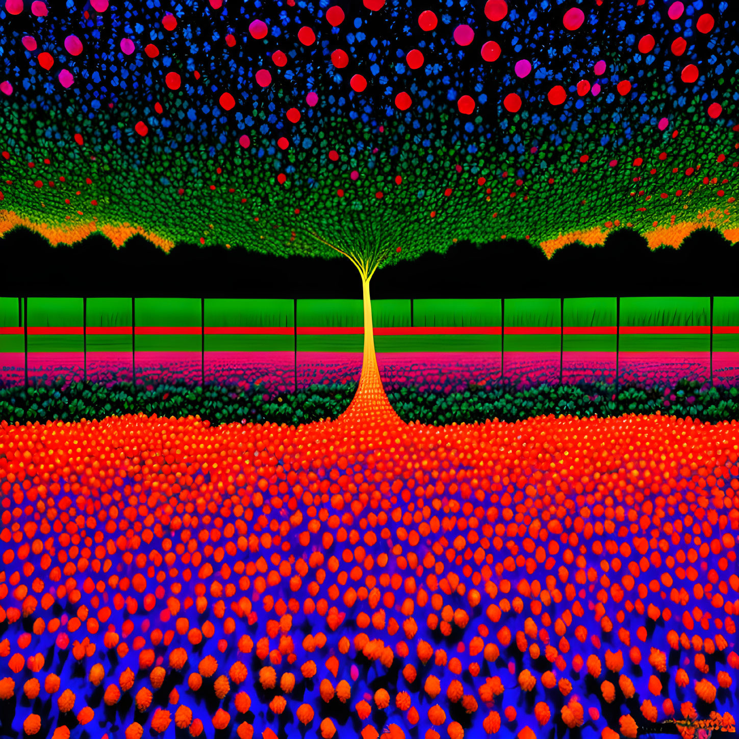 Vibrant digital artwork of luminous tree in colorful orb-filled landscape