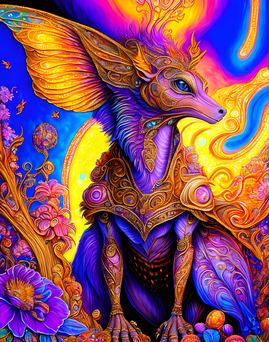 Colorful mythical dragon with elaborate wings on vibrant swirling background