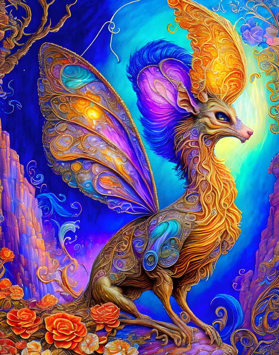 Colorful fantastical creature with butterfly wings on ornate background