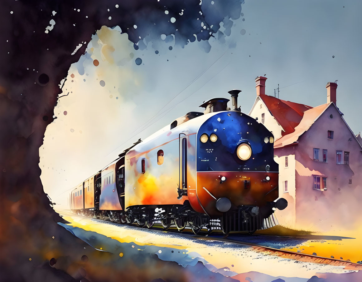 Vintage Train in Motion with Colorful Artistic Splashes in Quaint Village