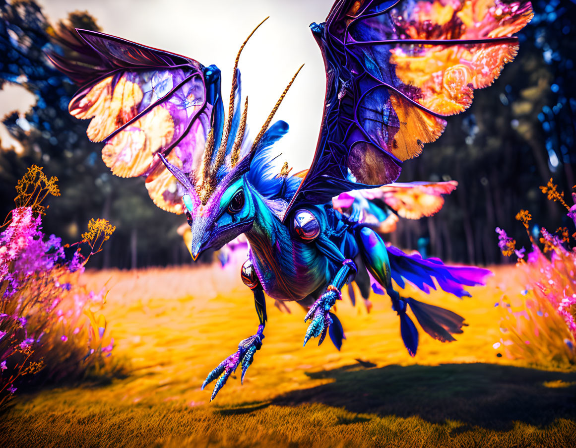 Colorful butterfly-winged creature in vibrant meadow under warm sky