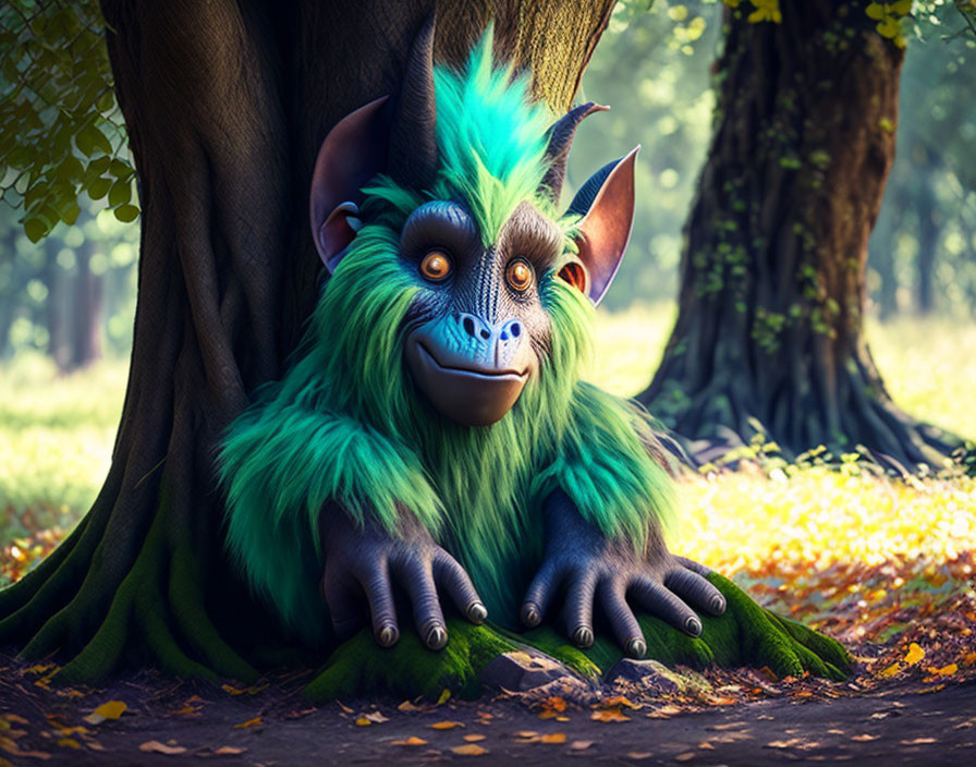 Colorful mythical creature with green fur, blue hair, and horns in sunlit forest