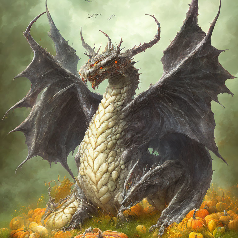 Majestic dragon with spread wings among pumpkins under misty green sky