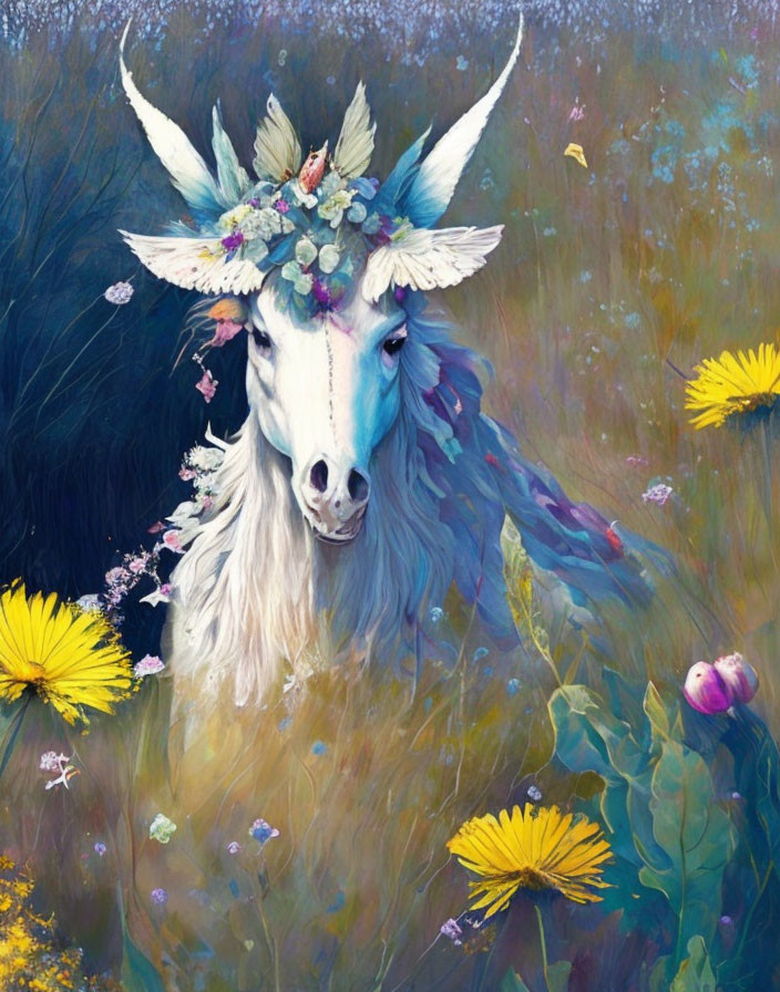 Vibrant Unicorn Painting in Floral Crown Amid Wildflowers