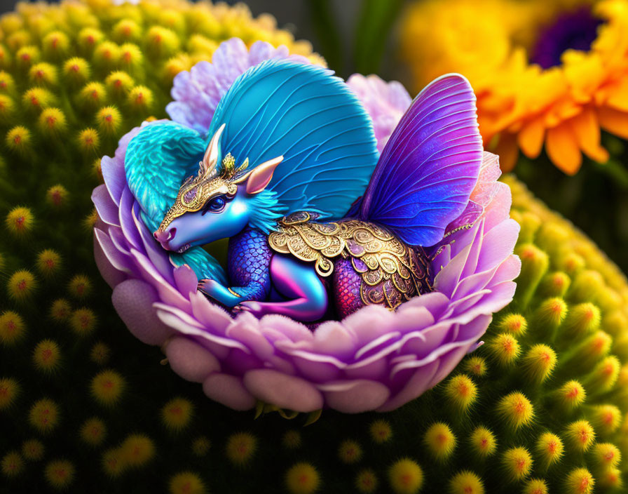 Colorful dragon-like creature on purple flower with teal and purple wings