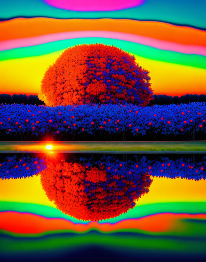 Colorful Landscape with Neon Spectrum Sky and Spherical Tree