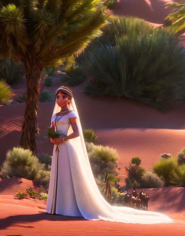 Desert wedding scene with animated bride, tree, and camel-riders