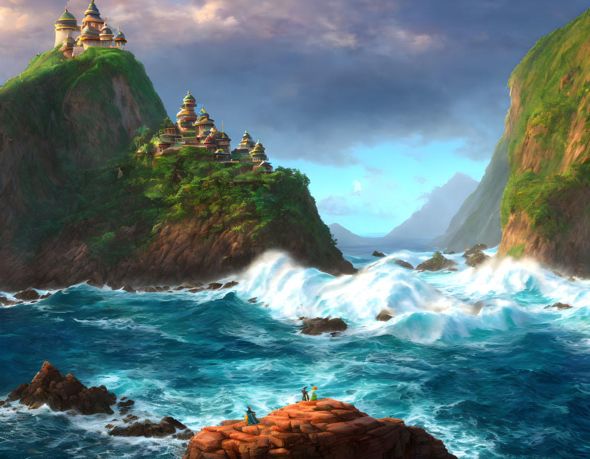 Digital Art: Serene Coastal Landscape with Temples and Spectators