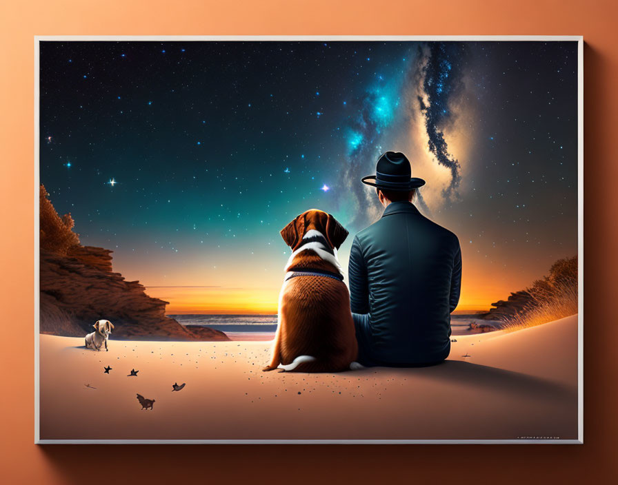 Man and dog on sandy beach under galaxy with distant dog
