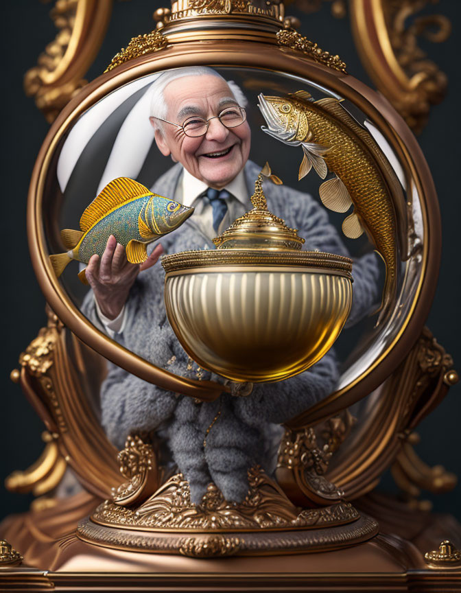 Elderly man with fish and goldfish bowl in ornate frame