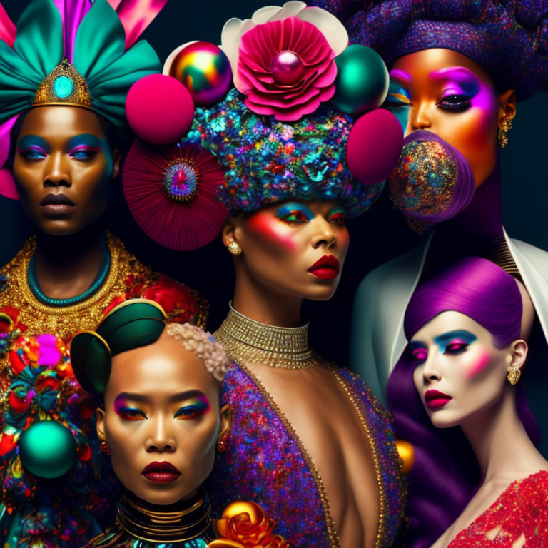 Four Women in Vibrant Makeup and Elaborate Headpieces on Dark Background