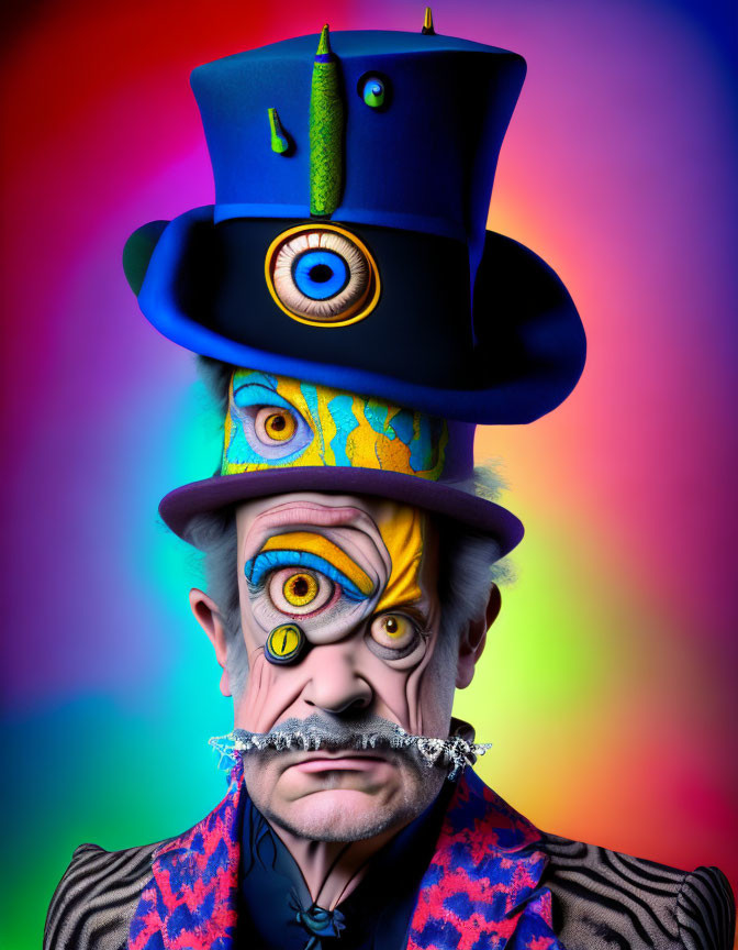 Colorful surreal face painting with multiple eyes on person against rainbow background