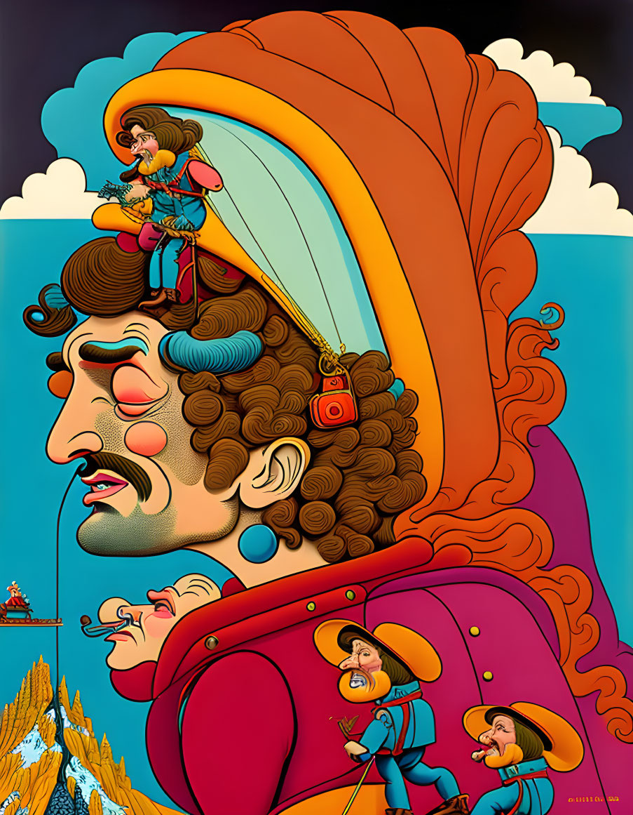 Vibrant whimsical illustration with exaggerated characters and musicians