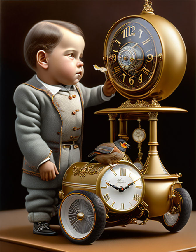 Vintage style illustration of a boy with clockwork vehicle and bird