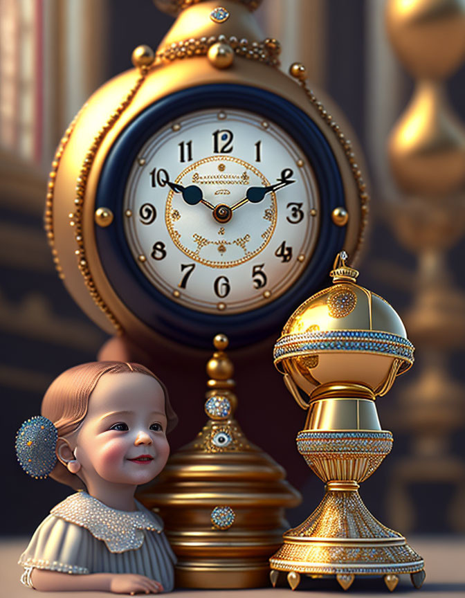 Vintage-style room with ornate golden clock and smiling child surrounded by decorative objects