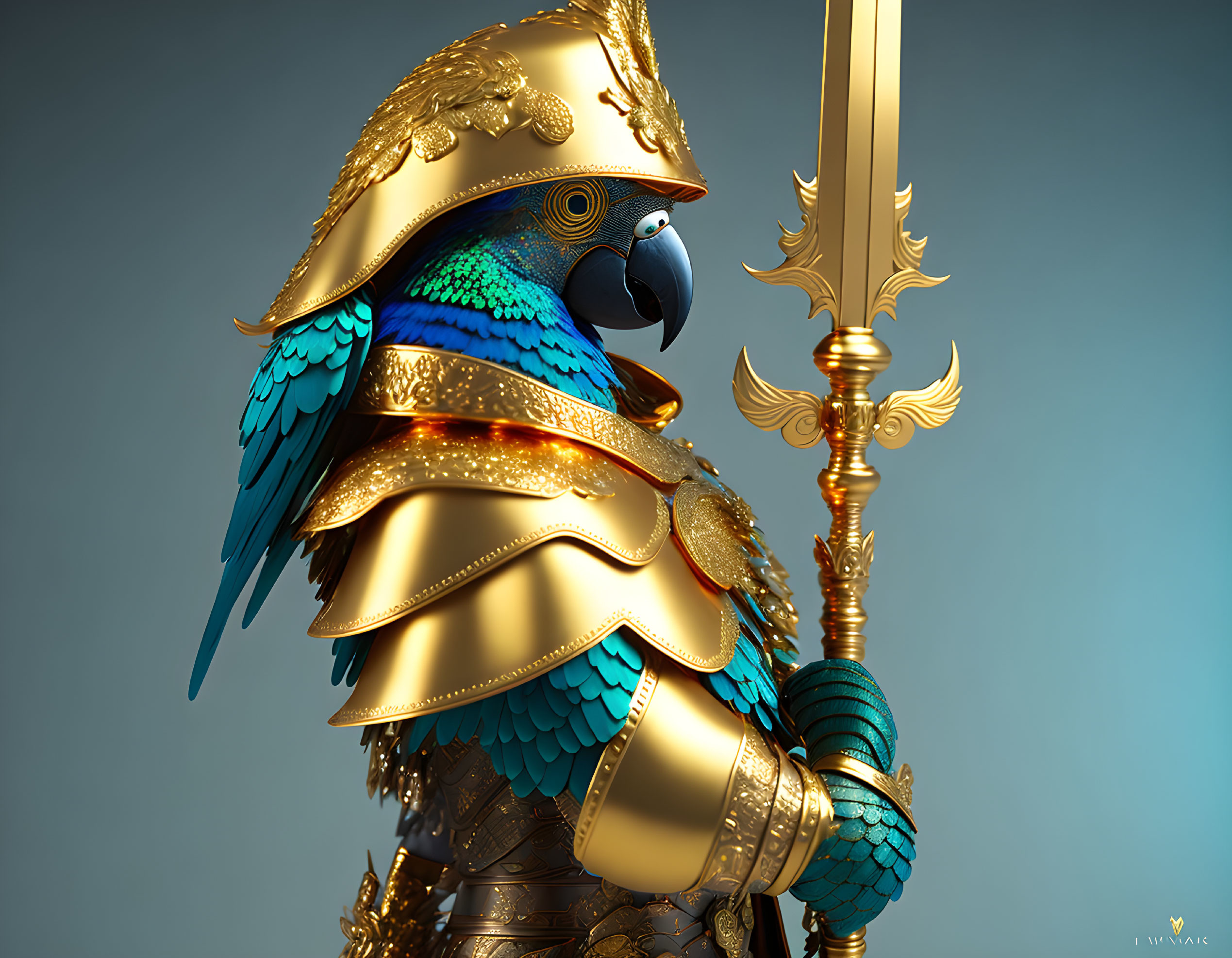 Colorful Parrot in Golden Armor with Spear on Blue Background