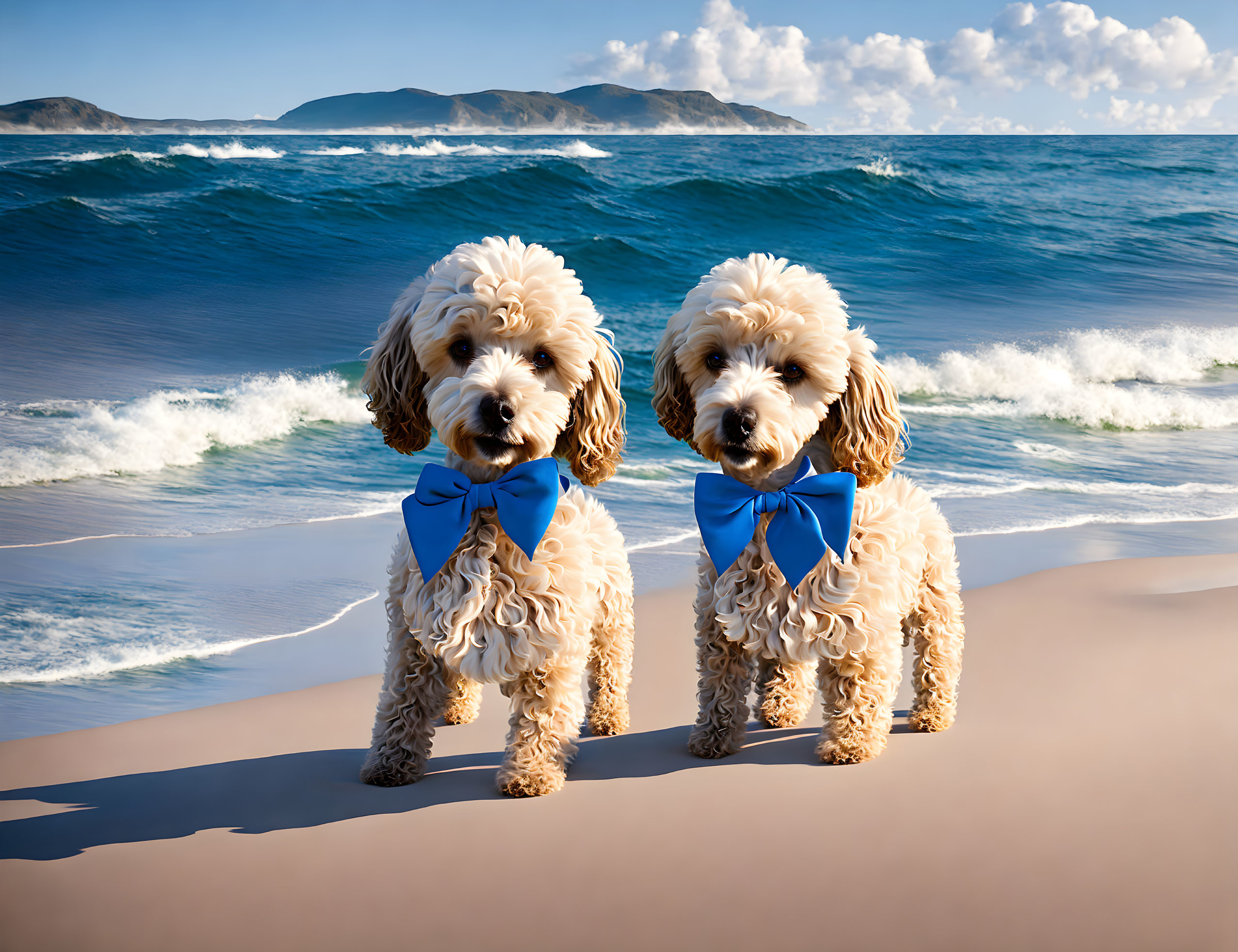 Cream-Colored Dogs with Blue Bows on Sandy Beach