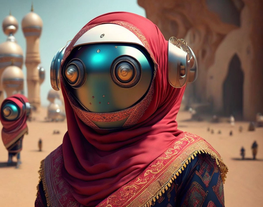 Futuristic humanoid robot in red hijab against desert cityscape