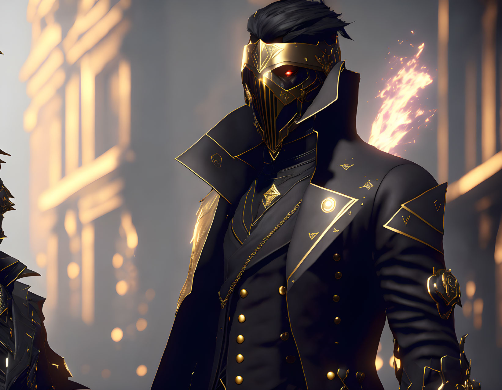 Stylized character in golden mask and black outfit against warm backdrop