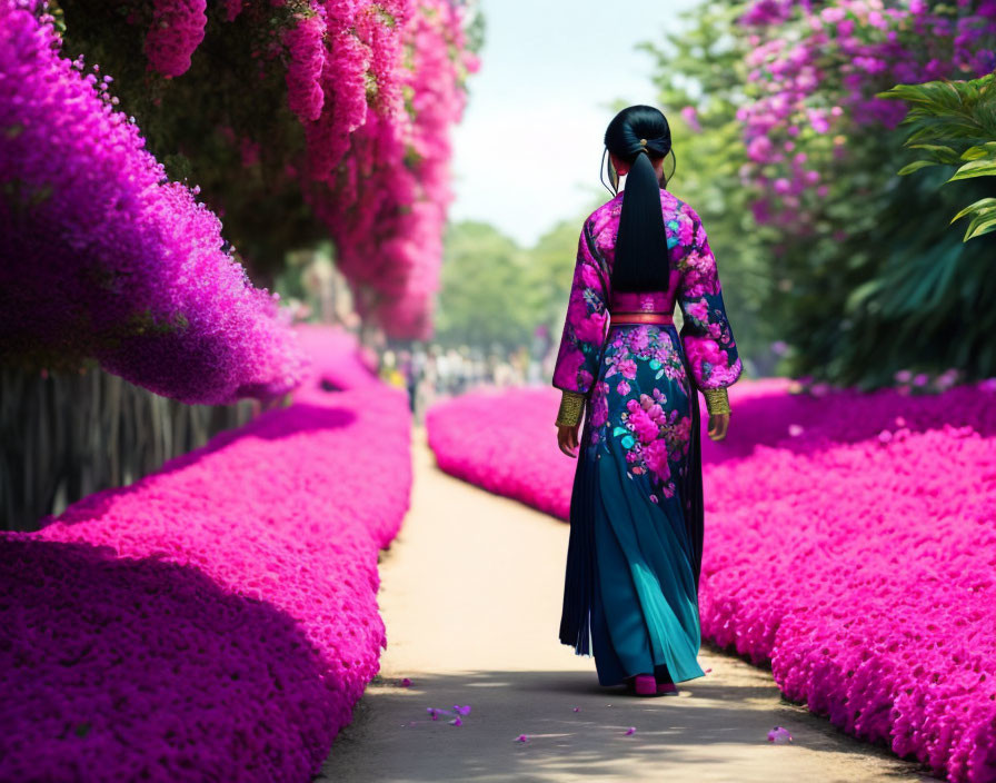 Colorful traditional kimono woman walking among pink blossoms