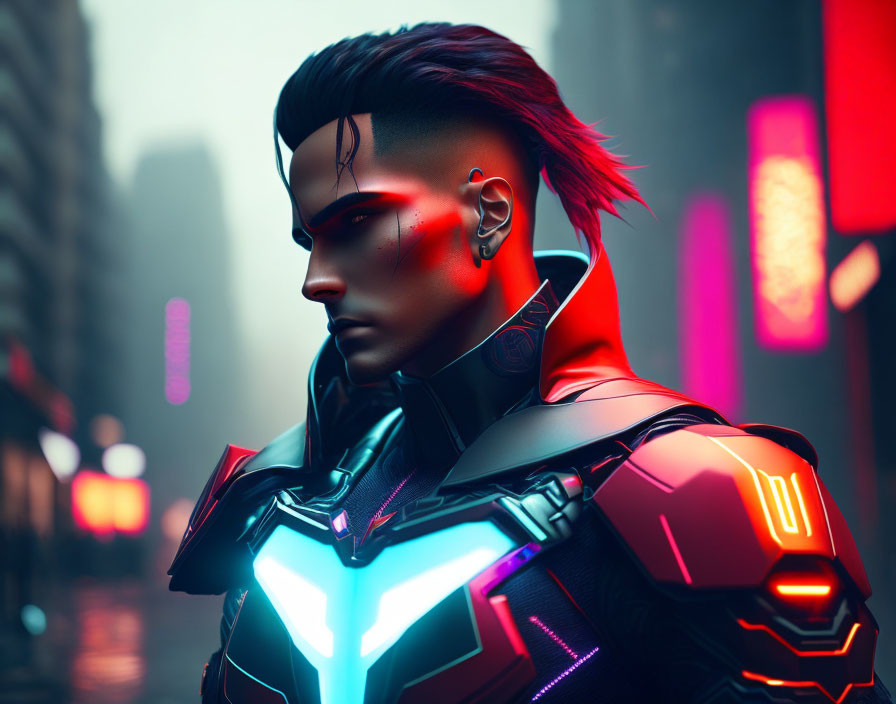 Futuristic cybernetic suit with glowing elements and neon city lights