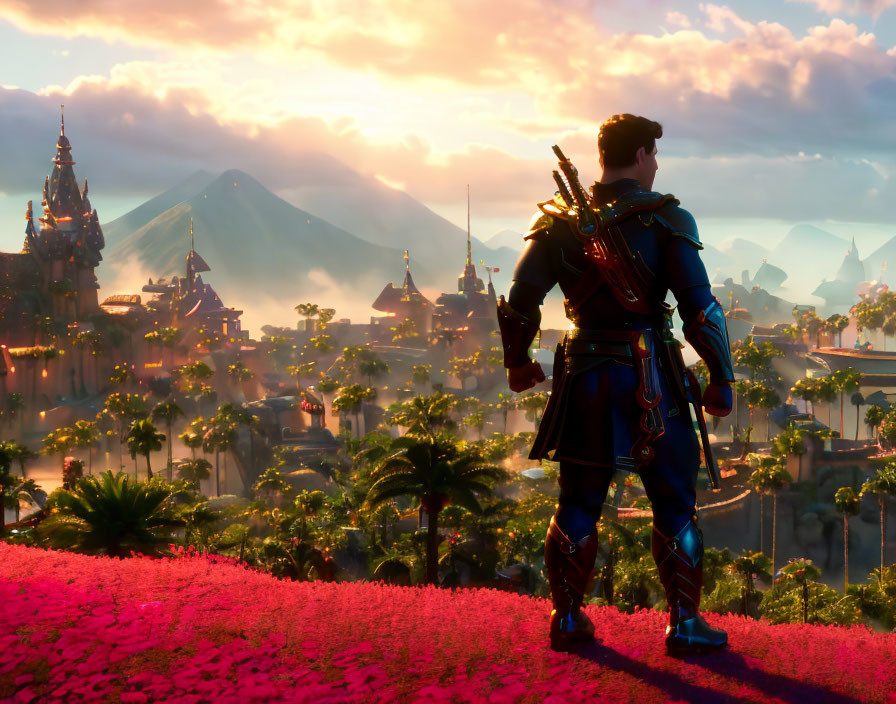 Warrior in ornate armor gazes at fantastical city at sunset