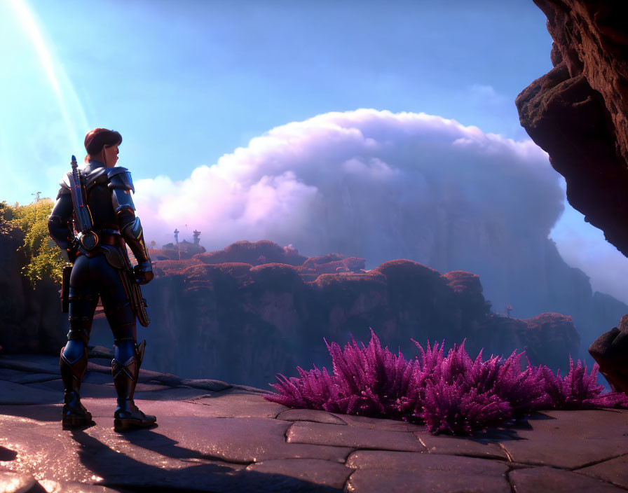 Blue-armored animated character overlooking vast purple landscape with rock formations