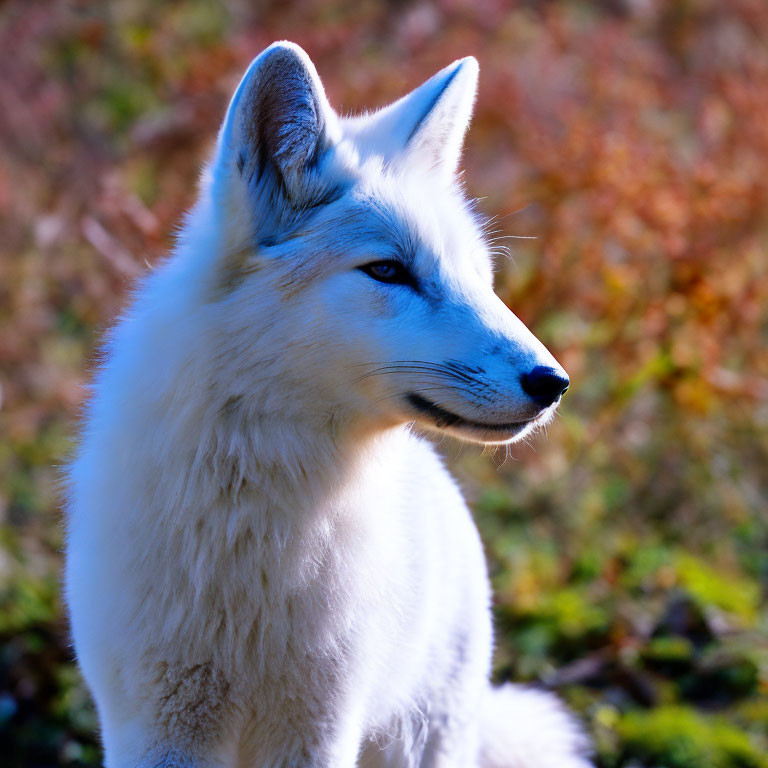 White Fox with Blue Eyes Gazing in Autumn Foliage