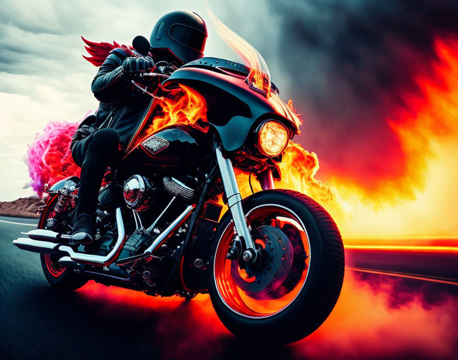 Motorcyclist rides on highway with fiery explosion backdrop