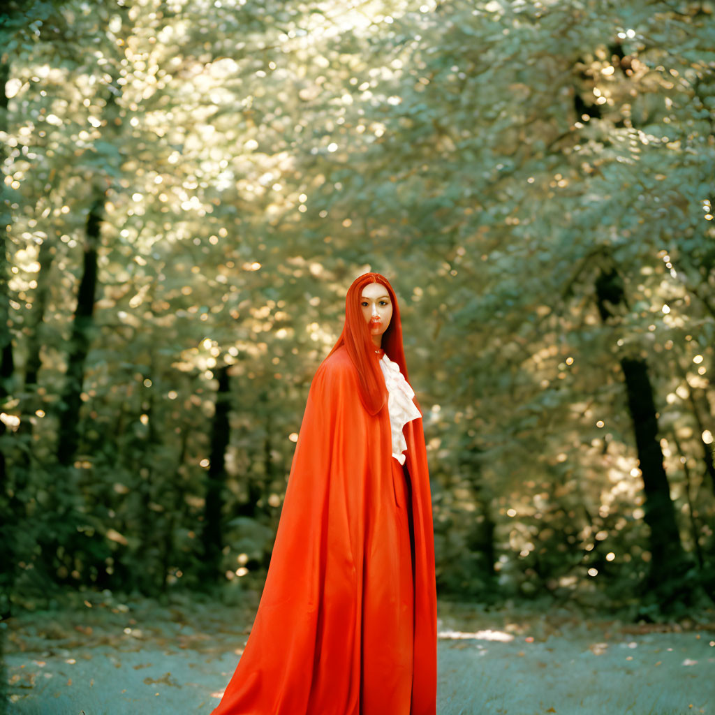 Person in vibrant red cloak standing in sunlit forest.